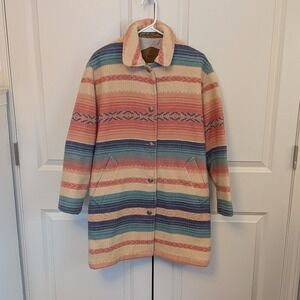 Vtg Woolrich Womens Southwestern Aztec Wool Blanket Coat Sz Small Pink Striped
